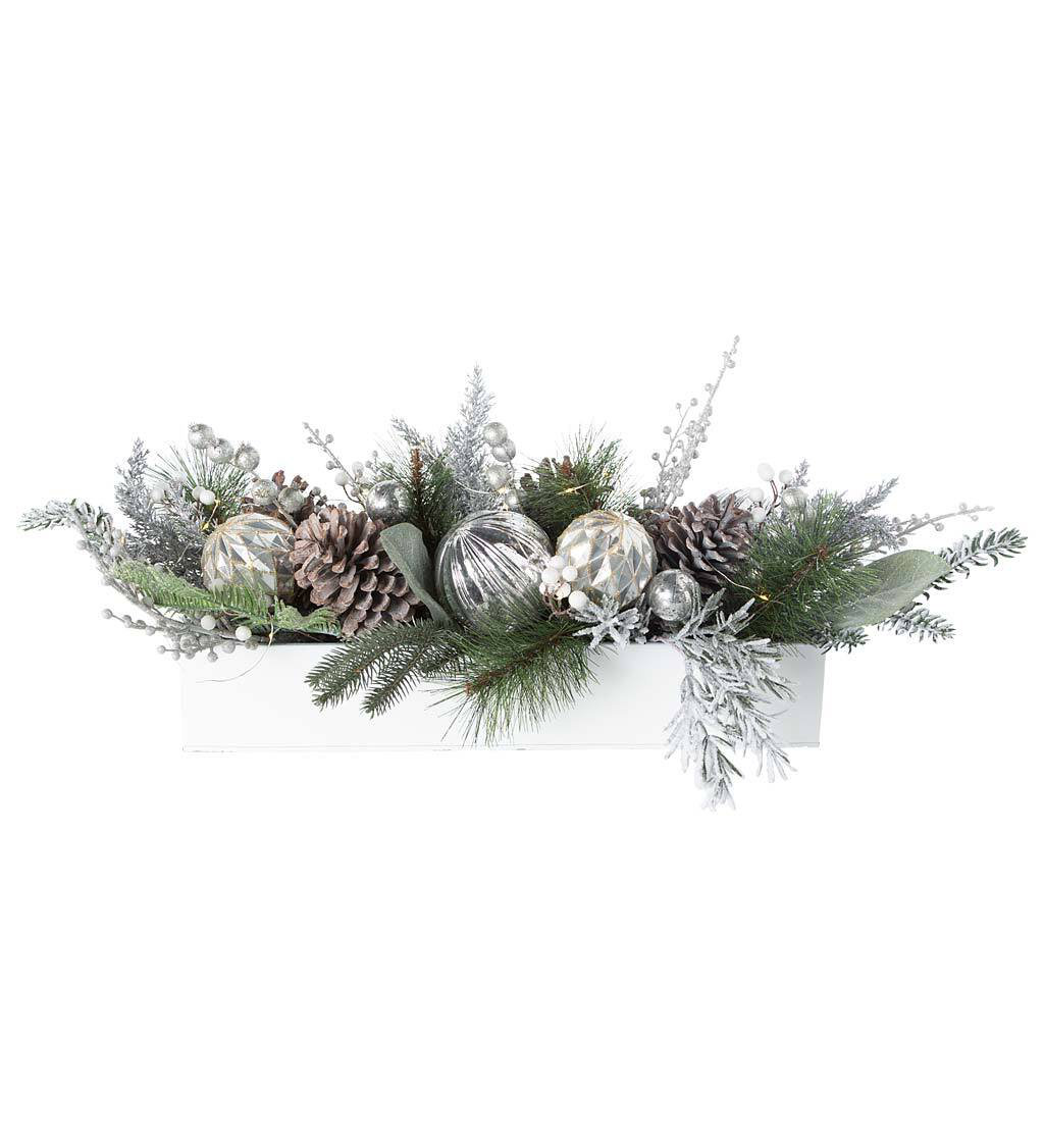 Plow & Hearth Lighted Silver Evergreen Holiday Centerpiece 