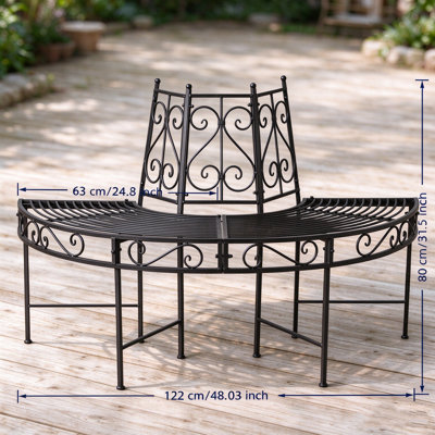Half Round Wrought Iron Tree Bench, Antique Bronze Curved Tree Surround Bench, Weather Resistant Outdoor Circular Tree Seat for Garden Backyard Park Lawn
