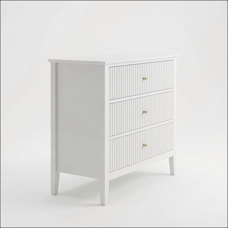 Table de chevet à 3 tiroirs de 32 pouces de largeur blanche cannelée, table de bout moderne et spacieuse avec glissières à fermeture en douceur