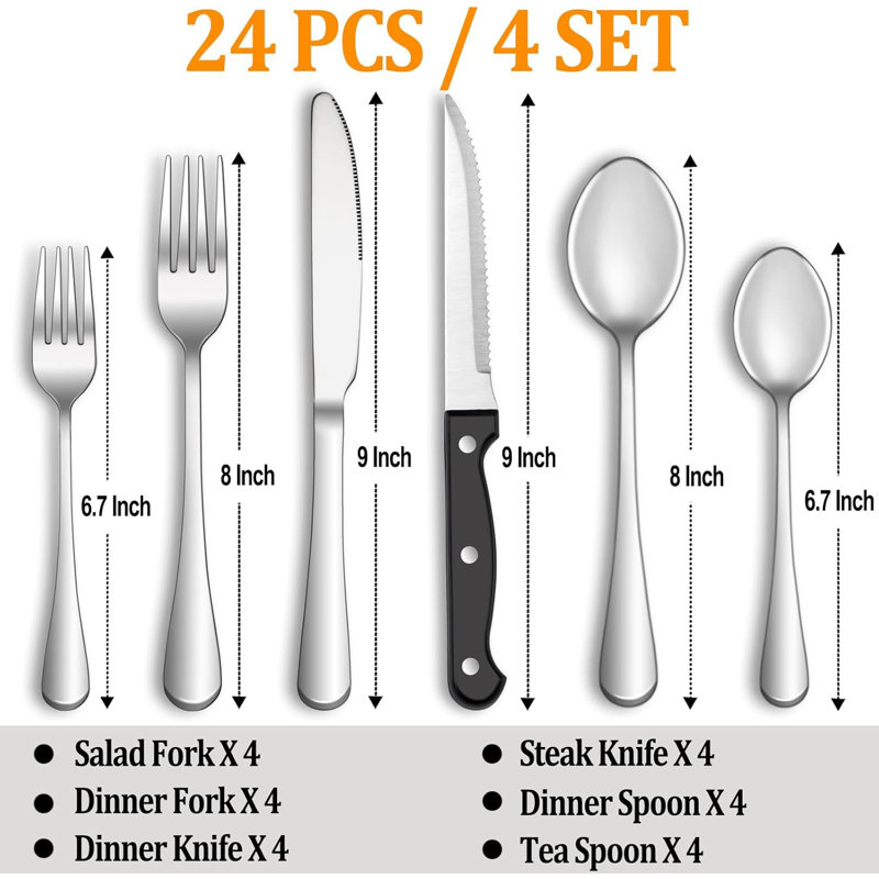 Ensemble de 24 couverts 24 pièces avec service de couteaux à steak, ensemble de couverts en acier inoxydable, ensemble d'ustensiles de couteaux polis miroir, ensemble de vaisselle de cuisine pour la maison, ensemble de cuillères à fourchette, va au la