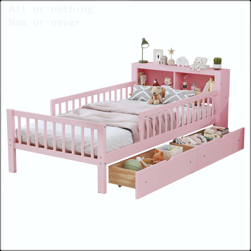 Twin Size Bed with Headboard Storage Rack and Under-Bed Drawers, Pink