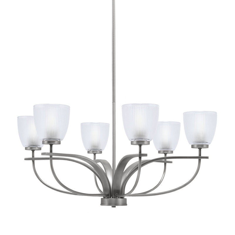 Unia 6 Light, Uplight, Chandelier Shown In Graphite Finish With 5" Clear Ribbed Glass