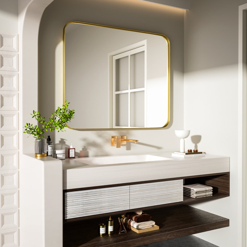 Cozy Design Tempered Glass Framed Wall-Mounted Bathroom Vanity Mirror, 30" x 36", Gold, Rectangle
