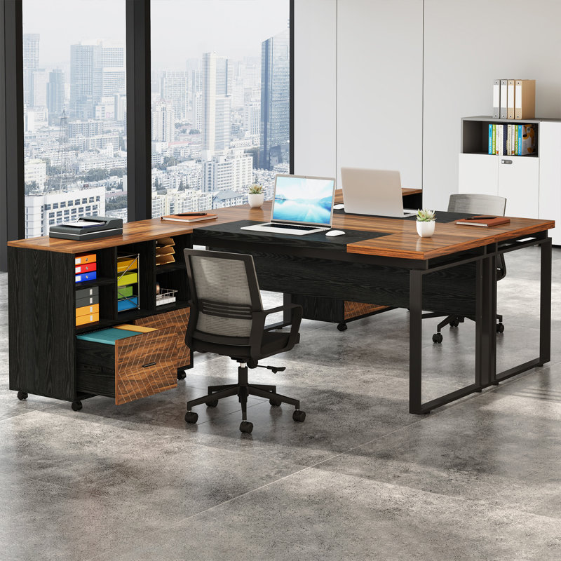 2-Piece Executive Desk with File Cabinet for Home Office, Brown/Black