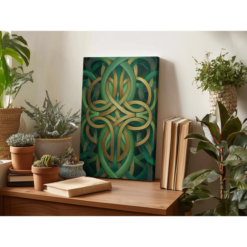 Art sur toile vert et doré avec nœuds celtiques - géométrie sacrée, reproduction de nœuds irlandais, œuvre de méditation spirituelle pour la maison, studio de yoga