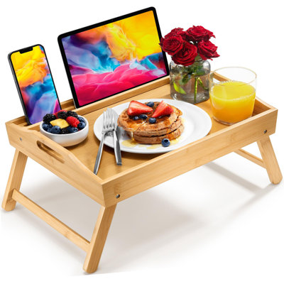 Bedside Table Tray With Folding Legs, Laptop Stand And Handle - Natural