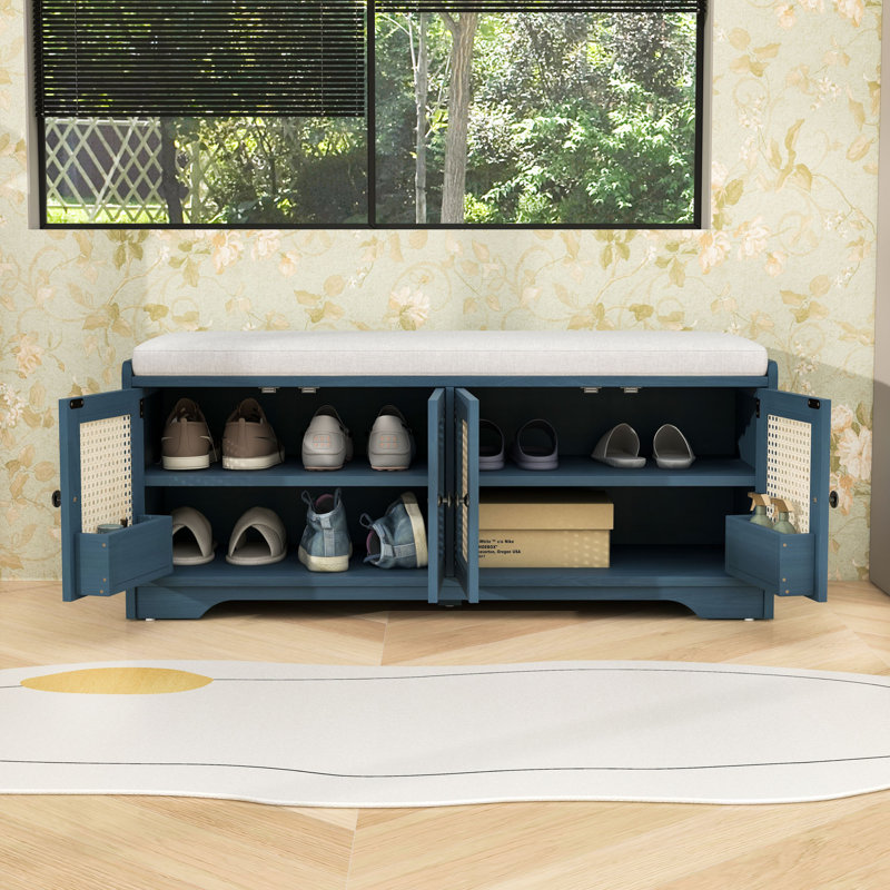 Banc de rangement rustique avec coussin amovible, tablettes réglables et portes en rotin pour le salon, Marine antique