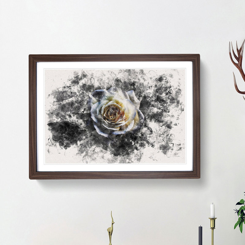 A Crisp White Rose Watercolour - Picture Frame Graphic Art Print, Walnut Framed, 62cm H x 87cm W x 2cm D