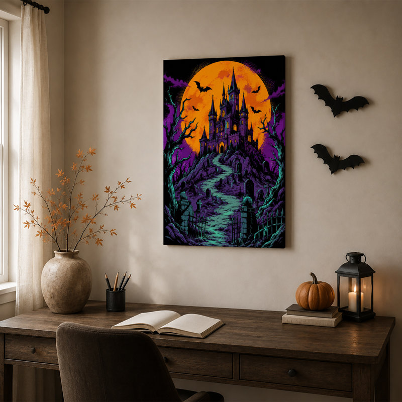 " Gothic Castle And Graveyard Under Orange Moon Halloween " Painting Print, H 36 po x l 24 po