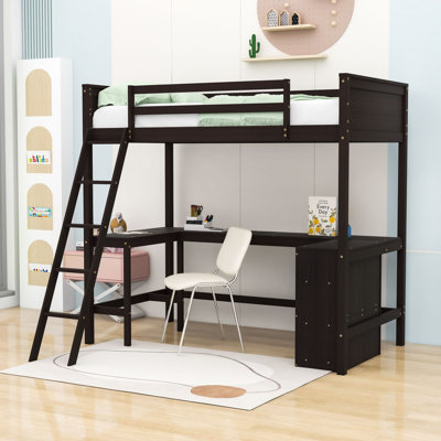 Lit mezzanine simple en bois avec bureau intégré et tablettes