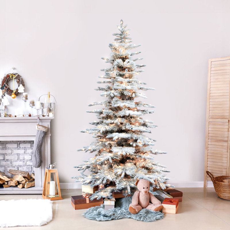Fraser Hill Farm 10-Ft. Flocked Mountain Pine Christmas Tree With Smart String Lighting, FFMP010-3SN, 10' H