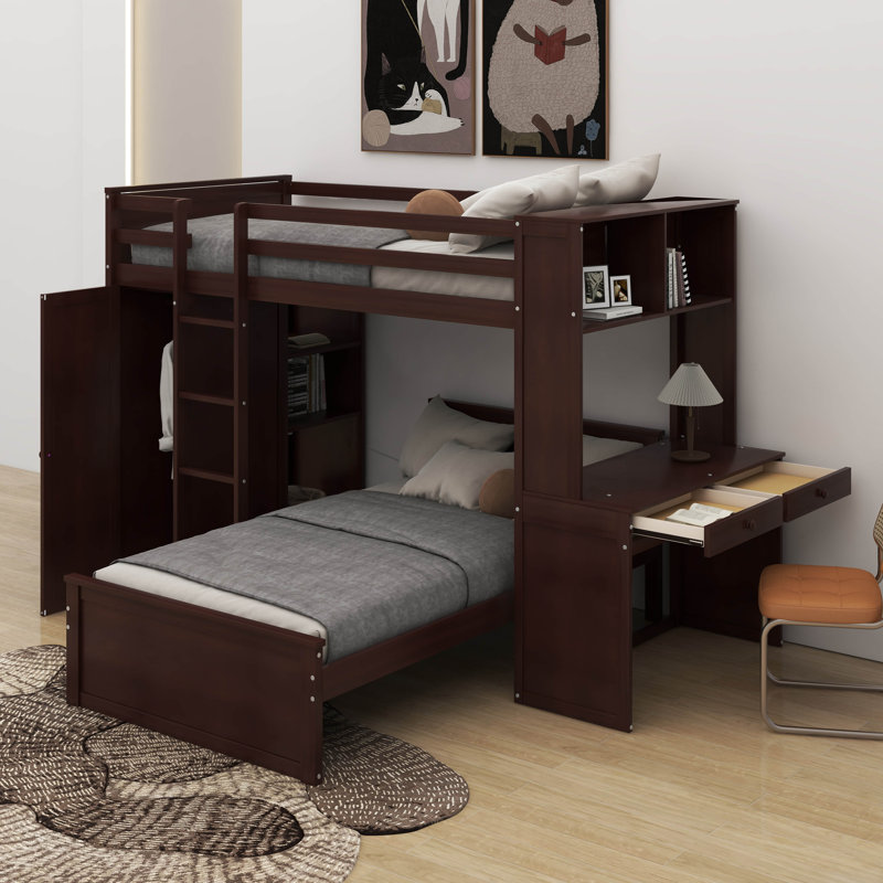 Lit mezzanine simple avec tablettes, bureau et garde-robe, Espresso