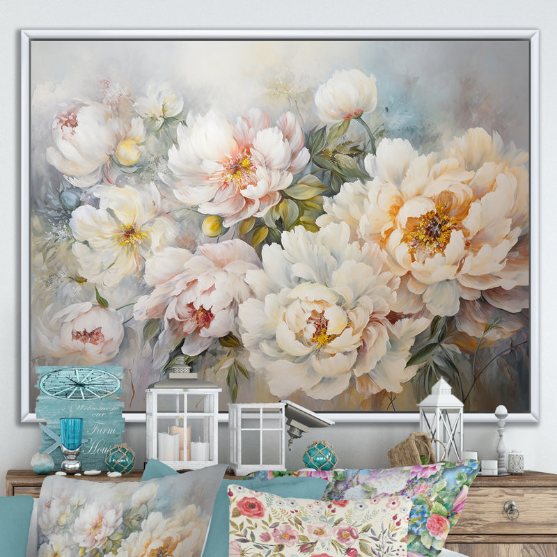 Reproduction sur toile de pivoines blanches, Cadre flottant blanc, H 16 po x l 32 po x P 1 po