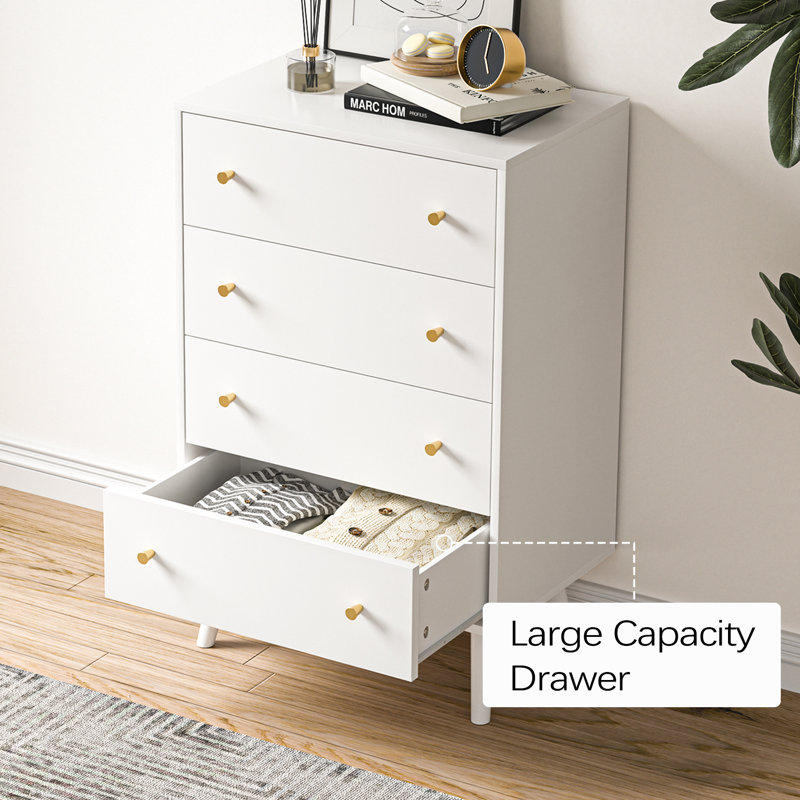 Modern White Tall Chest of Drawers with Gold Handles