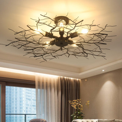 Large Semi Flush Mount Ceiling Light Fixture,Industrial Close To Ceiling Light Fixtures,Modern Chandelier With Branch Shapes,  (Black/5-Lights/Bulbs Not Included)