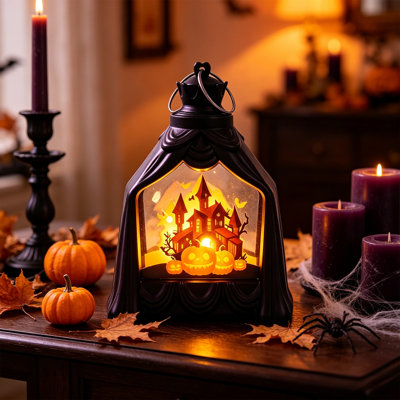 Lampe de poche lumineuse décorative sur le thème d'Halloween, motif de château sombre, citrouille et sorcière, lampe de projection, lampe de bureau à suspendre.