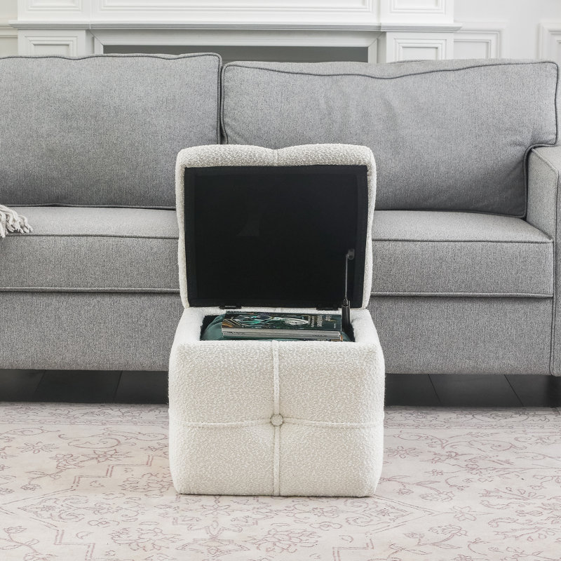 Cube Boucle Upholstered Storage Ottoman, White