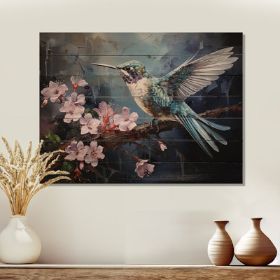 Pink Fluttering Emerald Hummingbird - Hummingbird Animal On Wood Print
