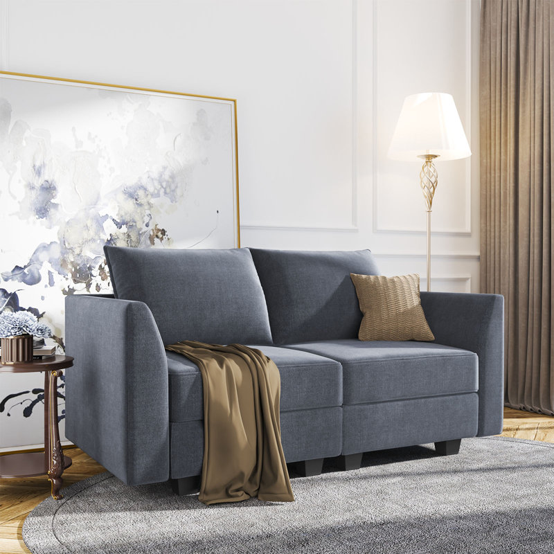 61" Square Arm Modular Loveseat with Storage Space, Bluish Gray Polyester Blend