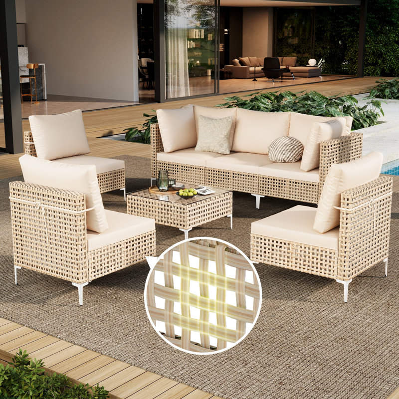 Ensemble de canapé modulaire d'extérieur 7 pièces avec coussins épais - Ensemble de conversation en osier toutes saisons pour la cour, le jardin, la piscine et la terrasse