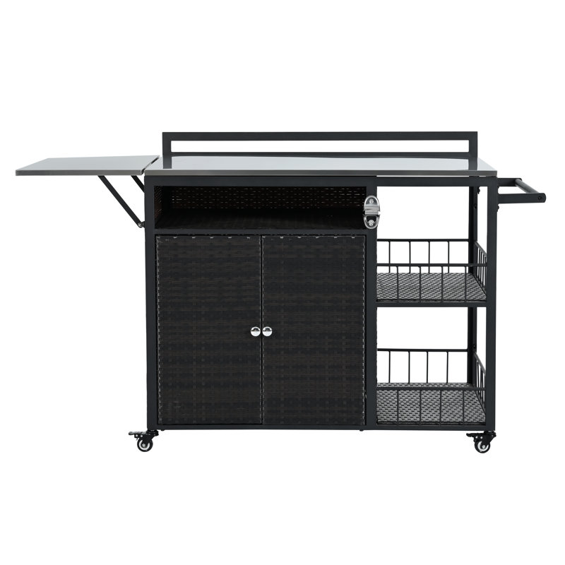 Îlot de cuisine extérieur de 63,5 po avec plateau de table pliable - Chariot de barbecue résistant aux intempéries pour terrasse, station de barbecue dans la cour arrière avec rangement spacieux, brun foncé