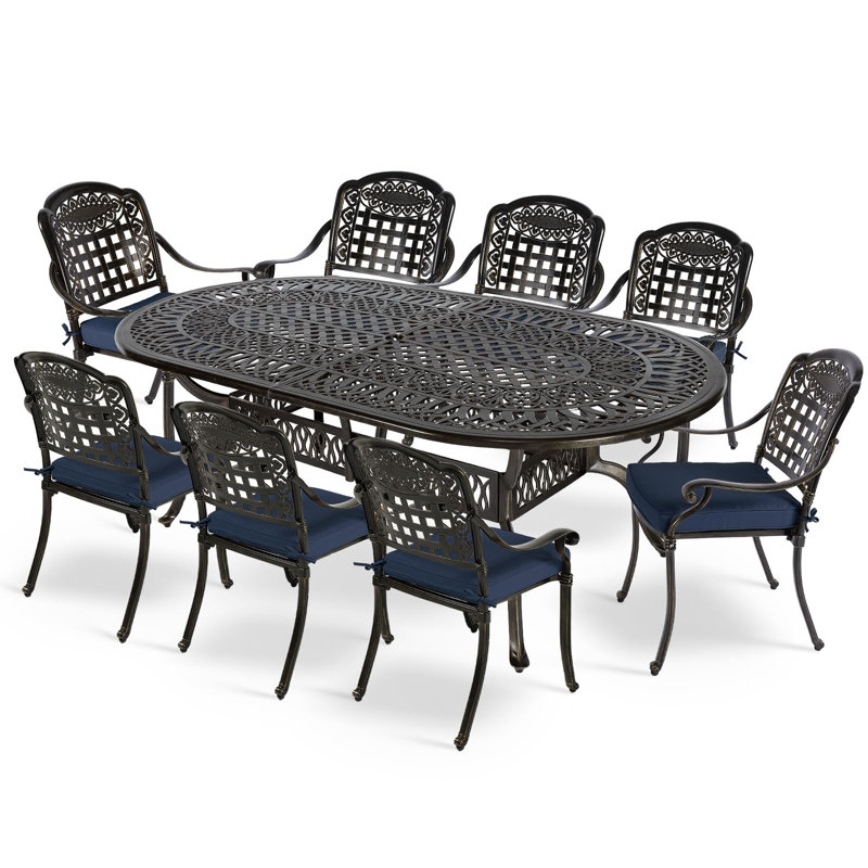 Ensemble de salle à manger ovale pour 8 personnes avec coussins 83,8 po, Bleu marine, 9 pièces : table, 8 chaises