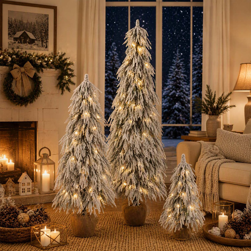 Ensemble de 3 arbres de Noël en flocons pré-éclairés, 3 pi 4,5 pi 6 pi avec blanc chaud et lumières DEL multicolores