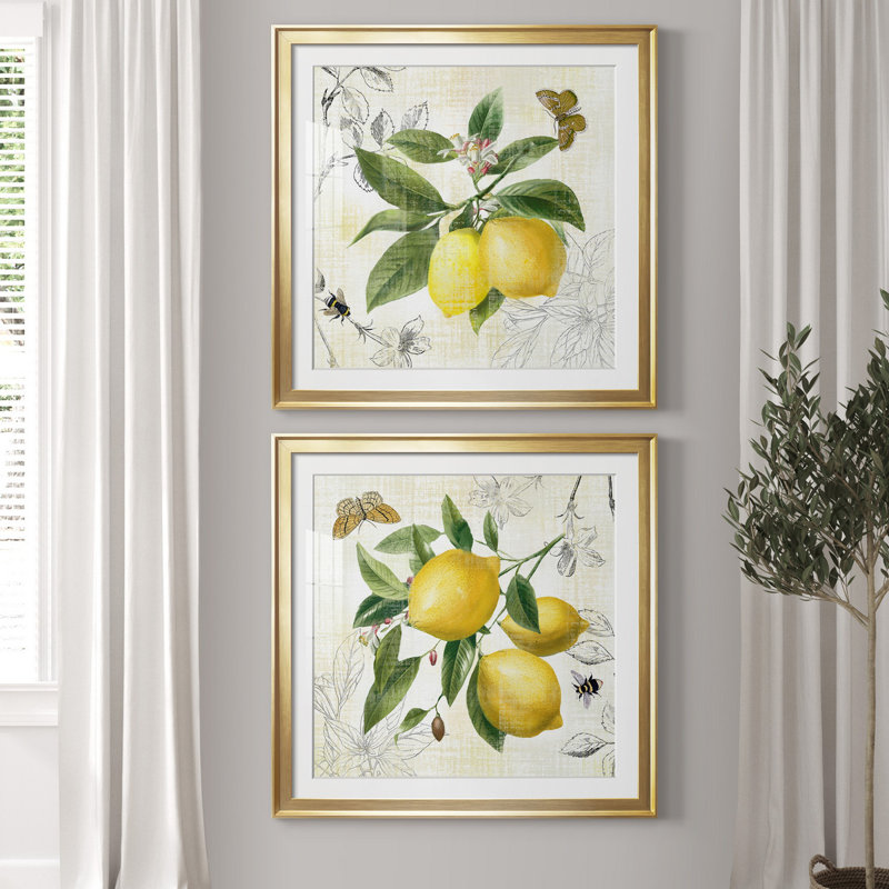 Linen Lemons I - ensemble de 2 impressions, Blanc, H 34,5 po x l 69 po x P 1,5 po, Papier encadré doré