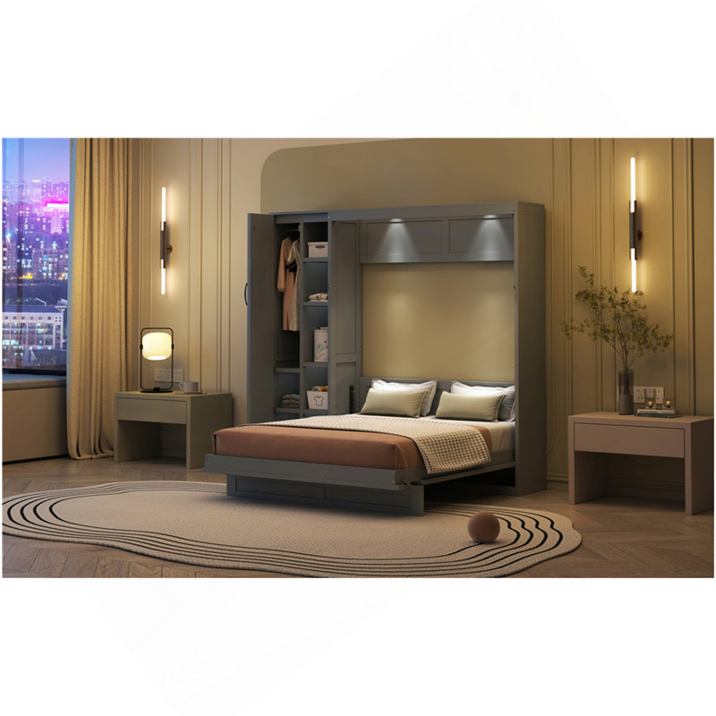 Lit escamotable double pleine grandeur avec tablettes, garde-robe et lumières DEL, gris, Lit double, Gris