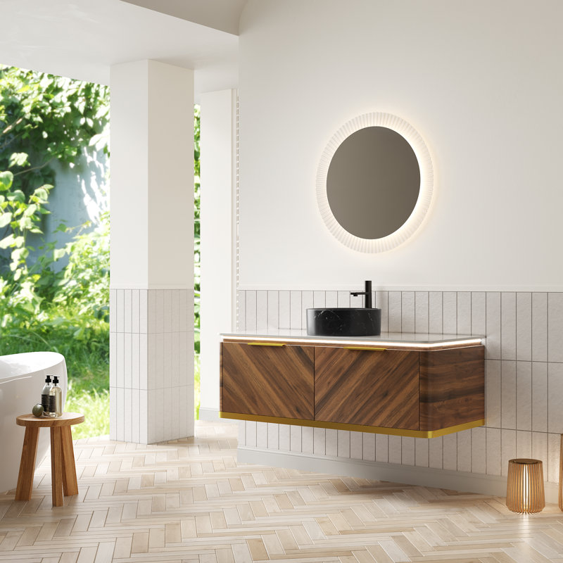 Meuble-lavabo et lavabo pour salle de bain 48 po Dipa, armoire de rangement en contreplaqué flottant, tiroirs avec poignée et capteur de lumière, vasque en céramique à motif de pierre noire et plateau en pierre frittée, pré-assemblé, couleur grain de bois noyer foncé