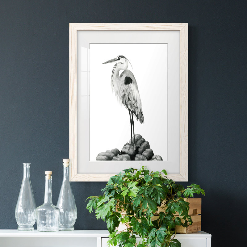 Shoreline Heron In B&W II - peinture encadrée, H 32 po x l 23 po x P 1 po, Blanc
