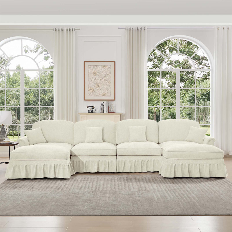 Classic U Shape 4 Seater Modular Sectional Sofa Couch, Beige Chenille