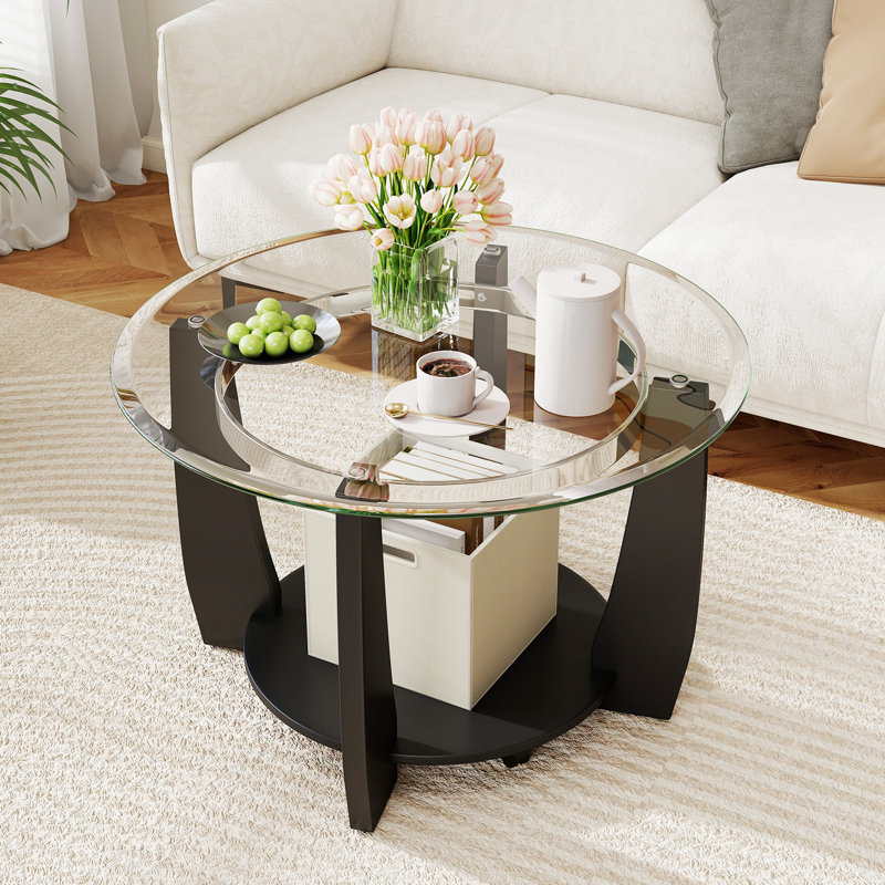 Table basse 32 po à 2 niveaux avec plateau inférieur en verre trempé et roulettes transparentes et noires, Noir