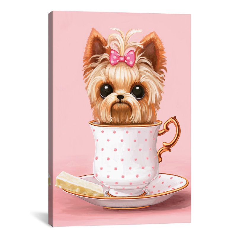 Yorkie dans une tasse de thé, art sur toile, H 26 po x l 18 po x P 1,5 po, Toile avec cadre flottant noir, Pas de tapis