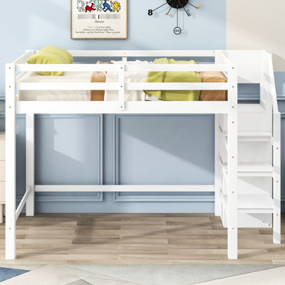 Lit mezzanine double gris avec garde-robe multifonction et escalier - Rangement fonctionnel peu encombrant