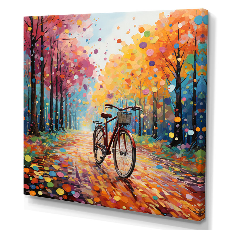 Vélo joyeux chevauchant le pointillisme II, Toile tendue, H 16 po x l 16 po