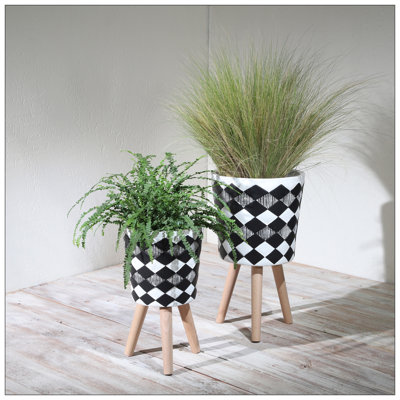 S/2 10/12" DIAMOND PLANTER W/ WOOD LEGS, BLACK(KD)