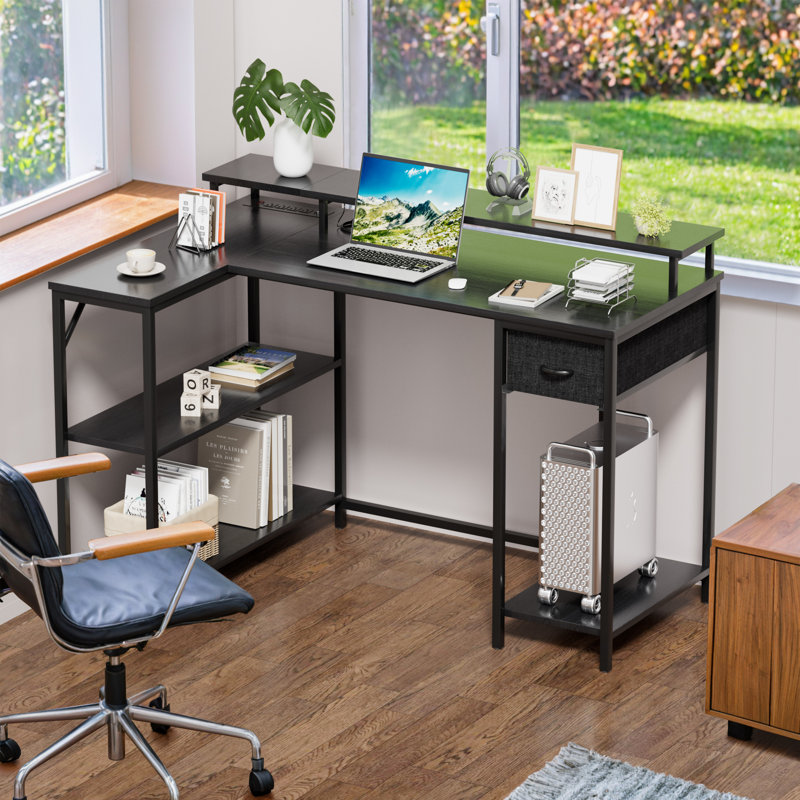 Katalina 48.4"Reversible L-Shaped Desk with LED with Power Outlets and Shelves, Black