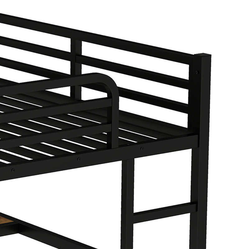 Lit mezzanine en métal Queen Size avec prise électrique, éclairage DEL et bureau, Noir noyer
