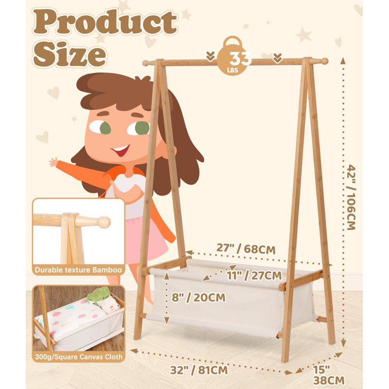 Kids Clothing Rack With Storage, Dress Up Rack, Child Clothes Rack,For Costume, Bamboo (Natural Color)