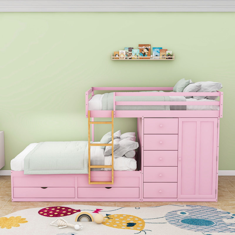 Lit superposé double en bois avec tiroirs de rangement et garde-robe, Rose Sakura