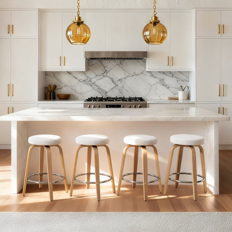26 '' Swivel Upholstered Round Counter Stool With Bentwood Frame, White Seat/ Natural Frame