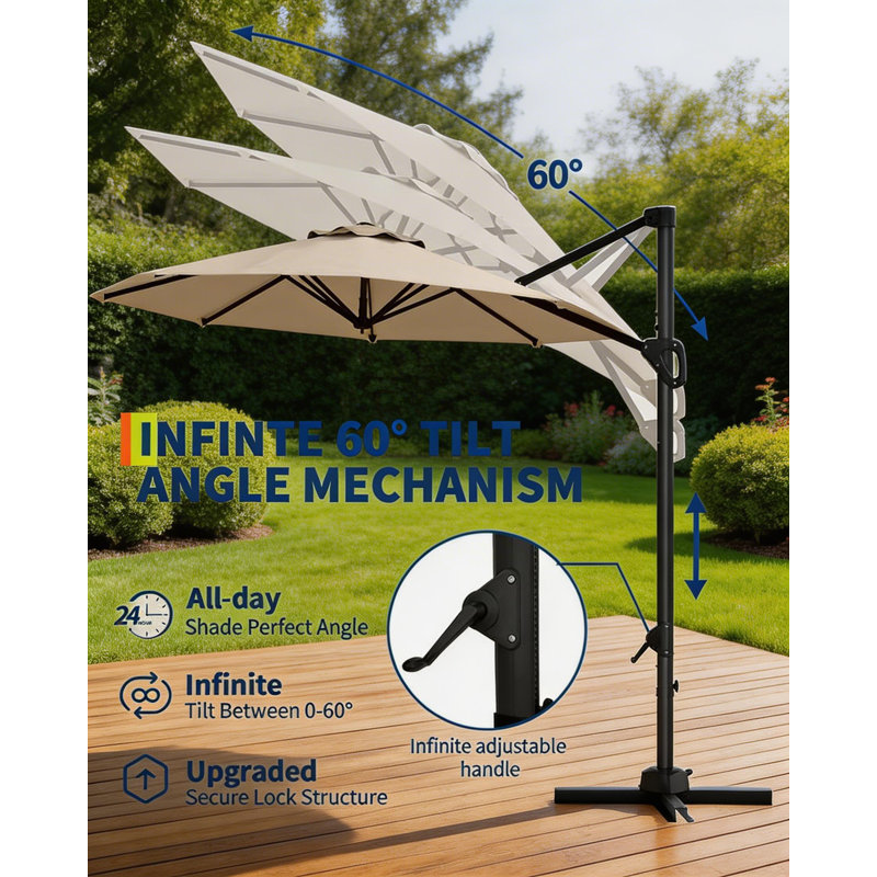 Parasol extérieur en porte-à-faux, rotation à 360 degrés, avec base incluse, Tan