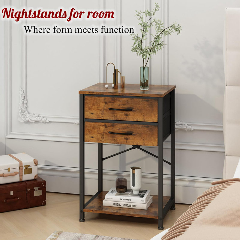  3-Tier Side Table, Multi-Functional Storage With Fabric Drawer, Brown, Ideal For Printer Stand, Bedside Table, And Sofa Table