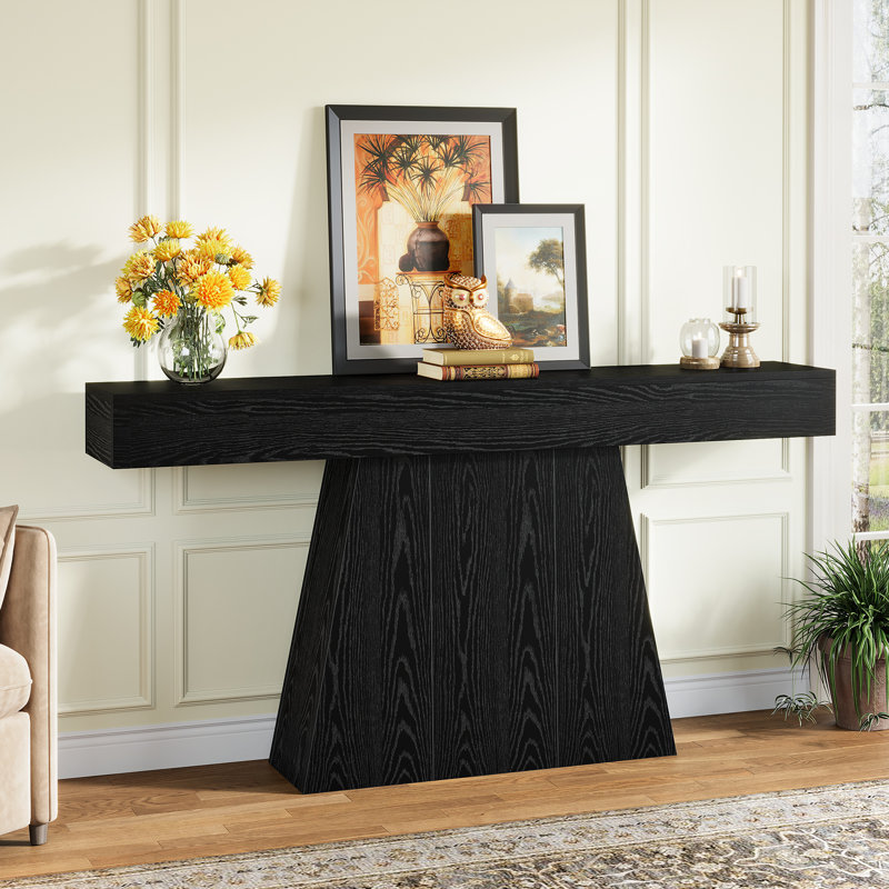 63" Console Table, Black Entryway Table with Trapezoidal Base, Narrow Long Sofa Table, Black