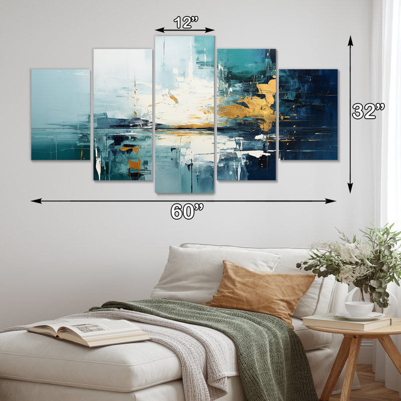 Golden Horizon Indigo Blue Gold - ensemble d'art mural abstrait 5 pièces, H 32 po x l 60 po