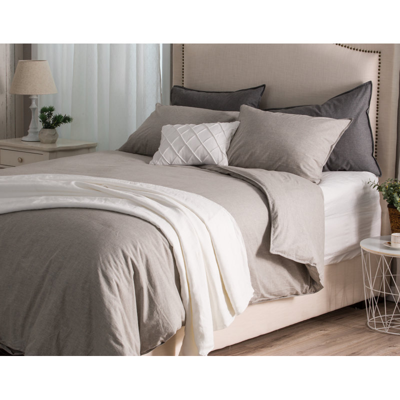Cotton Percale Solid Colour Duvet Cover, Queen Duvet Cover + 2 Shams, Light Grey