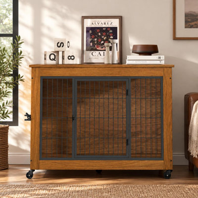Furniture Style Dog Crate End Table With Wheels And 2 Doors For Small Dogs