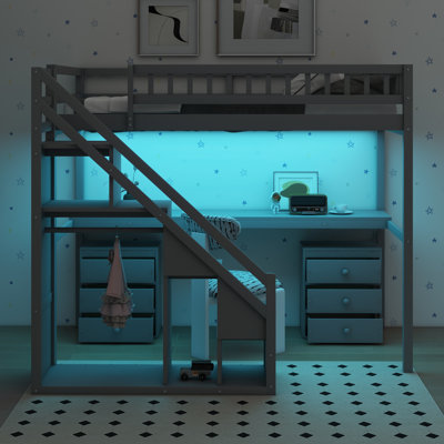 Lit mezzanine avec bureau, commode à 2 tiroirs avec tiroir, DEL, armoire ouverte
