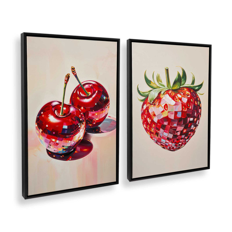 Ensemble de 2 cerises disco et fraises, Cadre flottant noir satiné, H 19 po x l 26 po